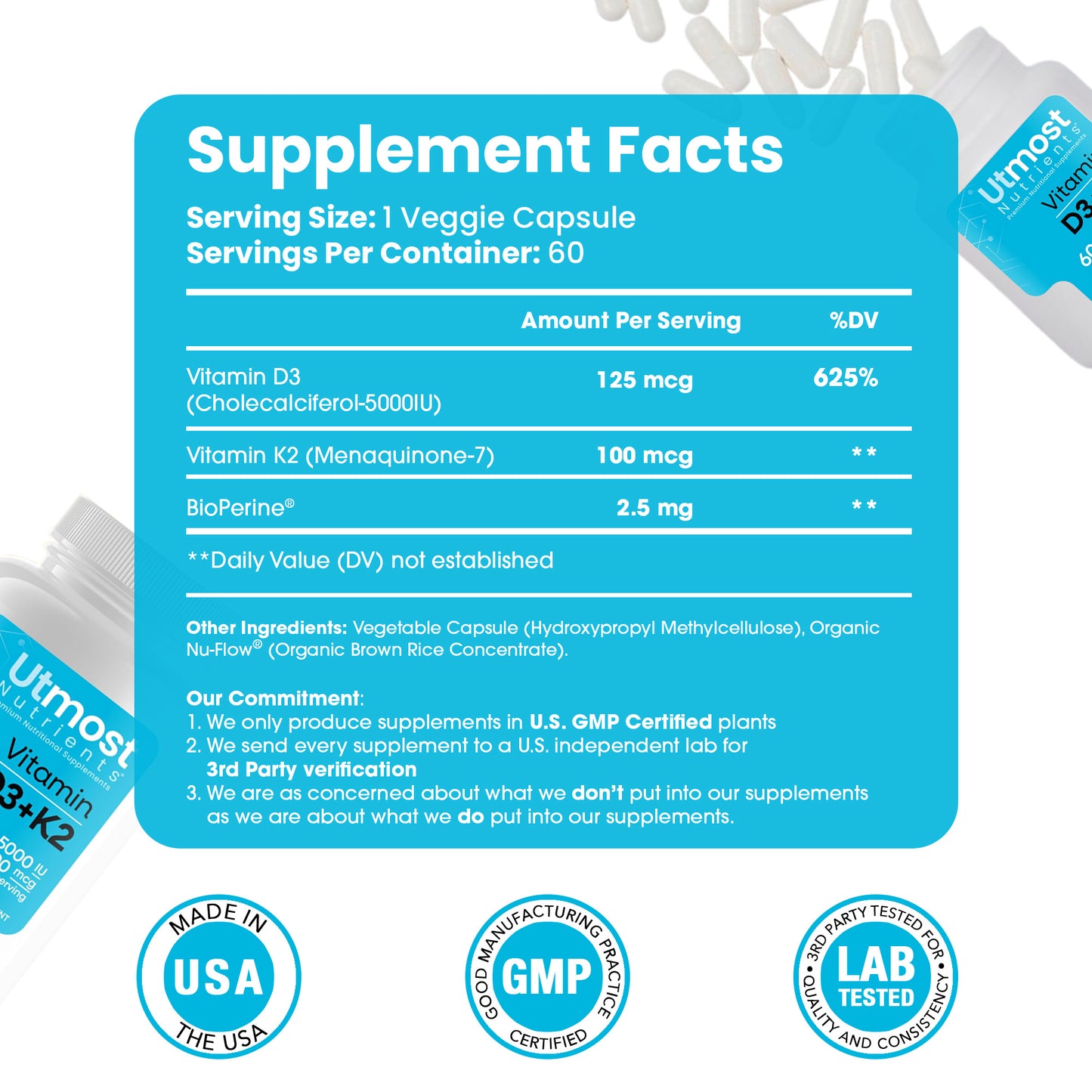 Vitamin D3+K2 5000iu of D and 100 mcg of K in each Capsule